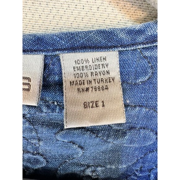 Chicos Embroidered Linen Jacket Size 1 Blue 100% Linen Floral Design - Picture 2 of 9